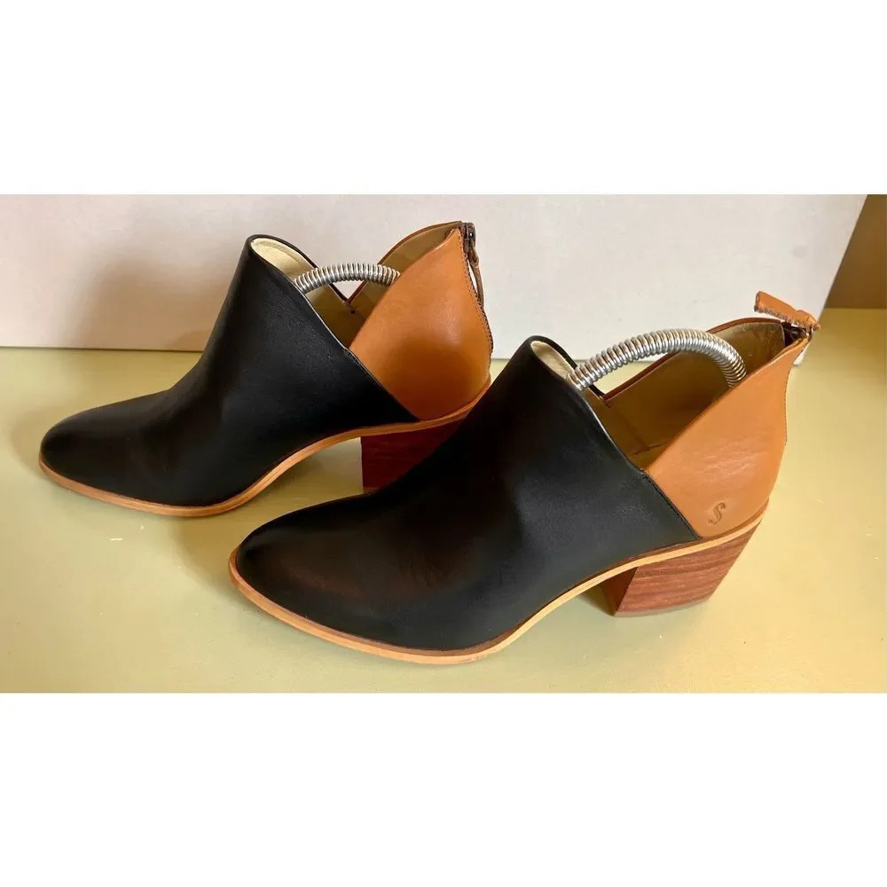 Sseko Womens Black Tan Genuine Leather Zip Up Back Two-Toned Heeled V Boots Sz 7
